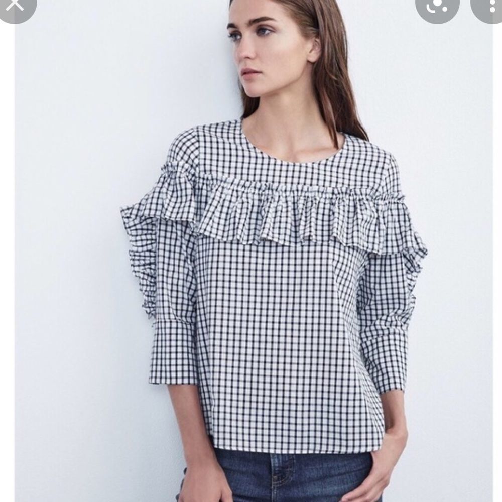 Anthropologie velvet graham gingham ruffle blouse